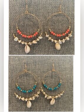 Shell Earrings in Coral/Gold/Ivory & Turquoise/Gold/Ivory 2 Pairs NEW